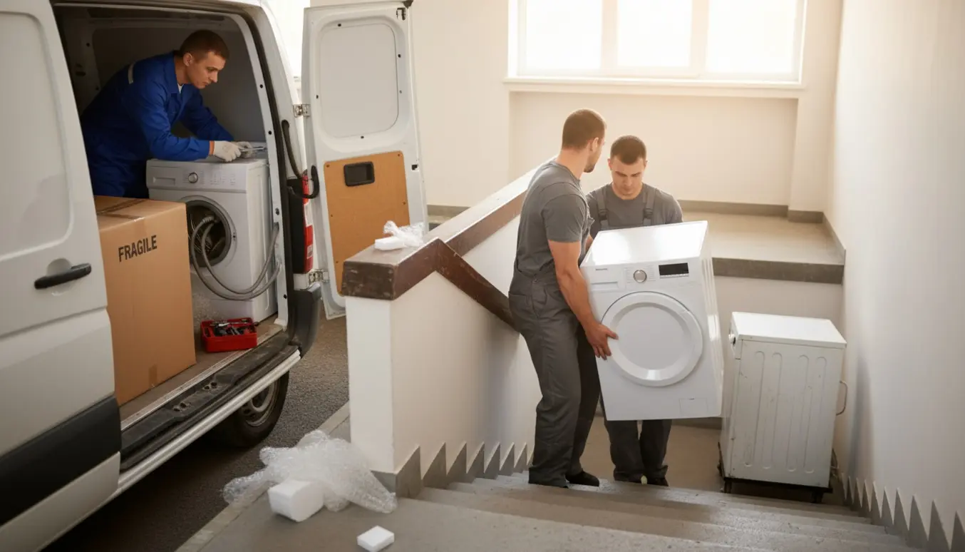 Flyttefolk bærer en ny vaskemaskine op ad trappen til 2. sal, mens den gamle læsses i en hvid varevogn.