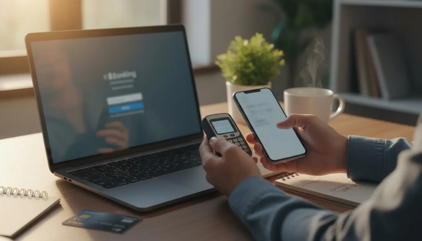 Hænder ved en pc og en kodeviser på et skrivebord, der viser problemer med at logge ind i Nordea.