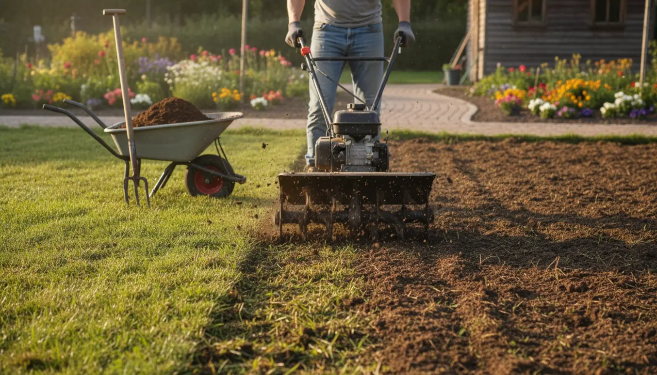 En havefræser vender gammel græsplæne til mørk, frugtbar jord i en solbeskinnet baghave.
