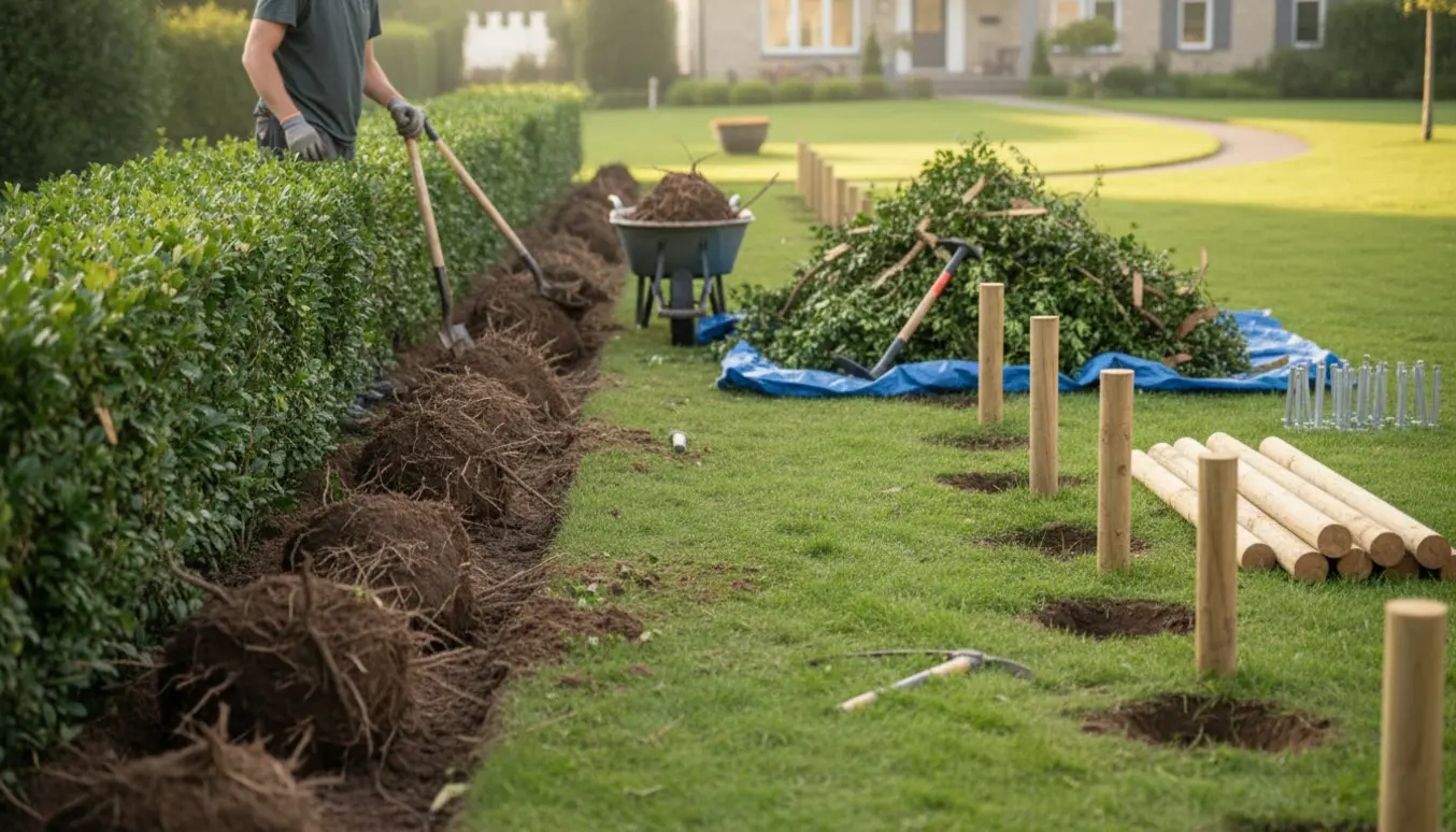 Delvist opgravet ligusterhæk med rodklumper, værktøj og stolper klar til opsætning af hegn.