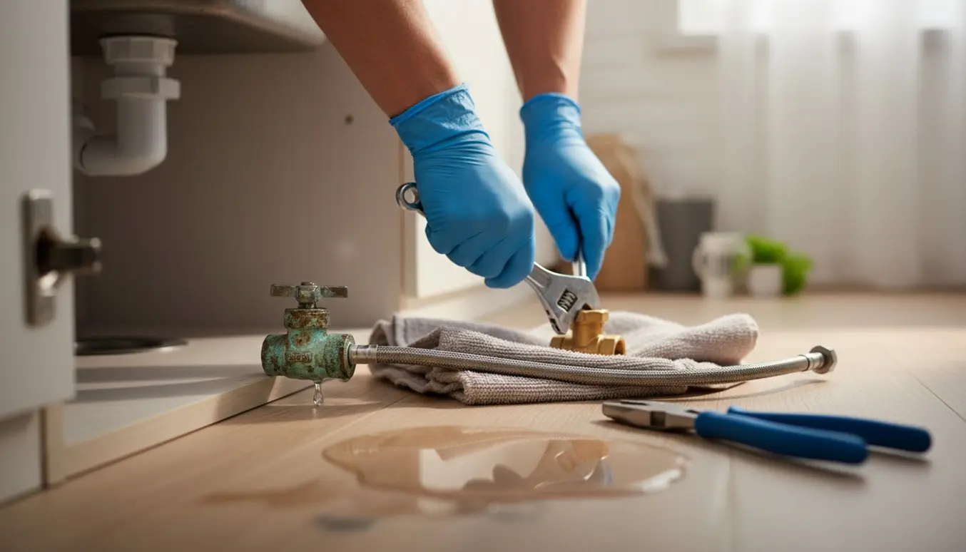 Åbent køkkenskab under vask med defekt rør og VVS-hænder, der skifter en ventil.