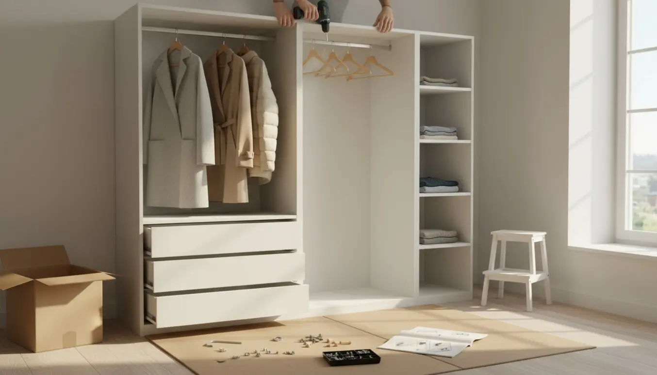 Næsten færdigmonteret Pax-skab med skuffer, bøjlestang og hylder i et lyst soveværelse, værktøj ligger på gulvet.