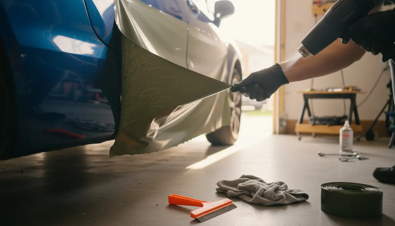 Nærbillede af en handske‑klædt person, der fjerner folie fra en bil og afslører den originale metallic lak.