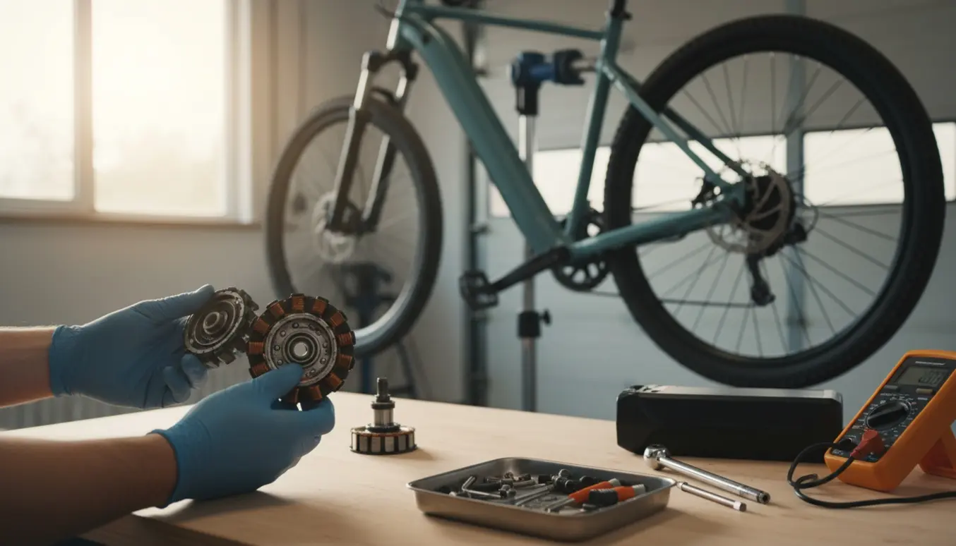 Åben elcykelmotor på et værksted med hænder og værktøj i nærbillede.