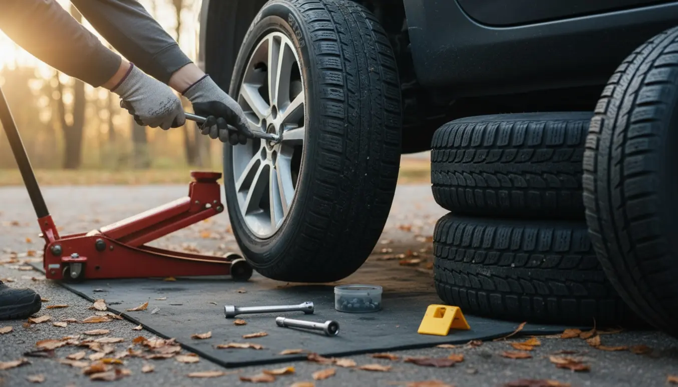 Nærbillede af udskiftning fra sommer- til vinterdæk på en bil med vinterdæk og værktøj.