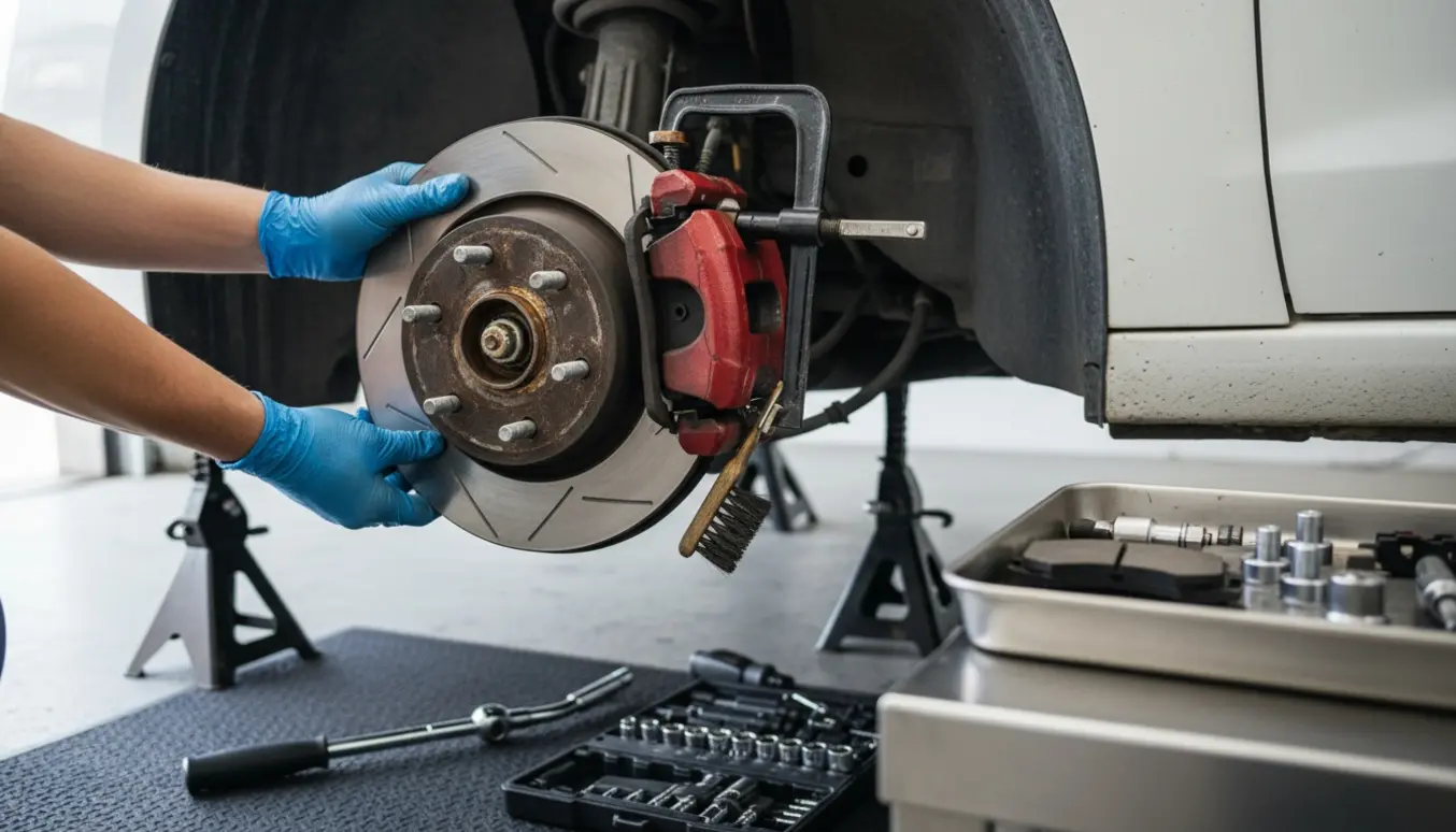 Nærbillede af hænder, der udskifter bremse skive og bremseklodser på en bil i en garage.