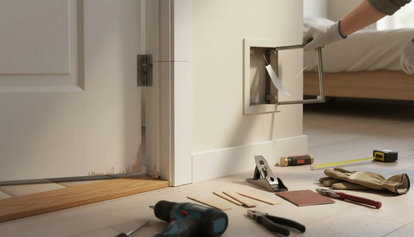 Skæv badeværelsesdør, der skraber mod dørtrinet, og en skæv ventilationslem med værktøj ved siden af.