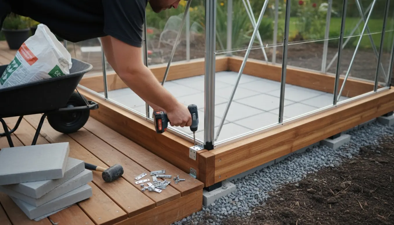 Montering af drivhus på træramme ved terrasse med fliser lagt i en del af indre areal og værktøj omkring.