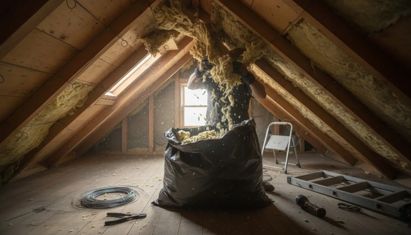 Hænder trækker isolering ned fra loftet i et rækkehus med værktøj og bærepose i naturligt lys.