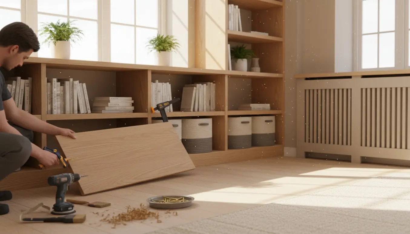 Håndværker monterer en indbygget bogreol under en vindueskarm med en matchende radiatorskjuler i en lys stue.