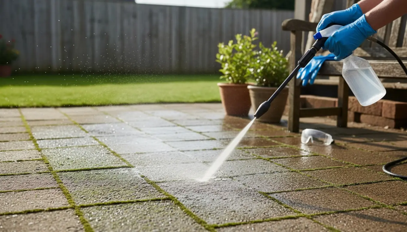 Hænder i handsker sprayer algebekæmpelse, mens en højtryksrenser fjerner grønne alger fra havens fliser.