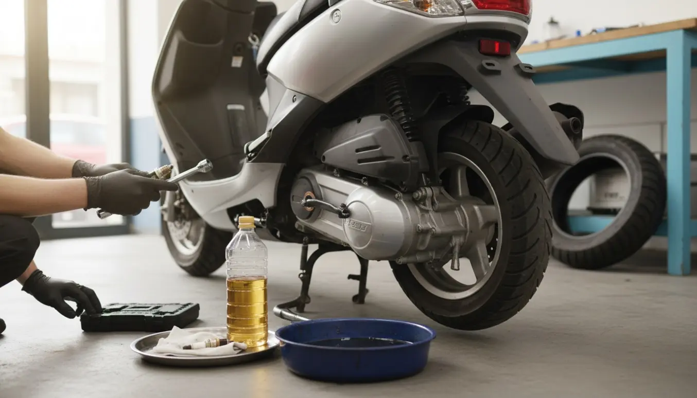 Scooter i værksted med handsker, der skifter tændrør og olie, nyt bagdæk og udstødningspakning synlig.