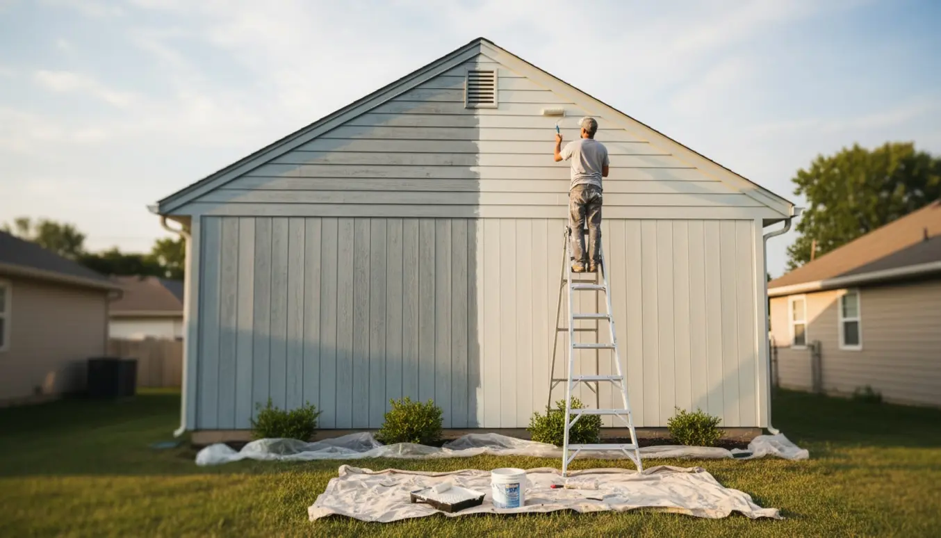 Gavl på et etplanshus, hvor en person maler fra en stige med rulle, malerbøtte og afdækningsdug i forgrunden.