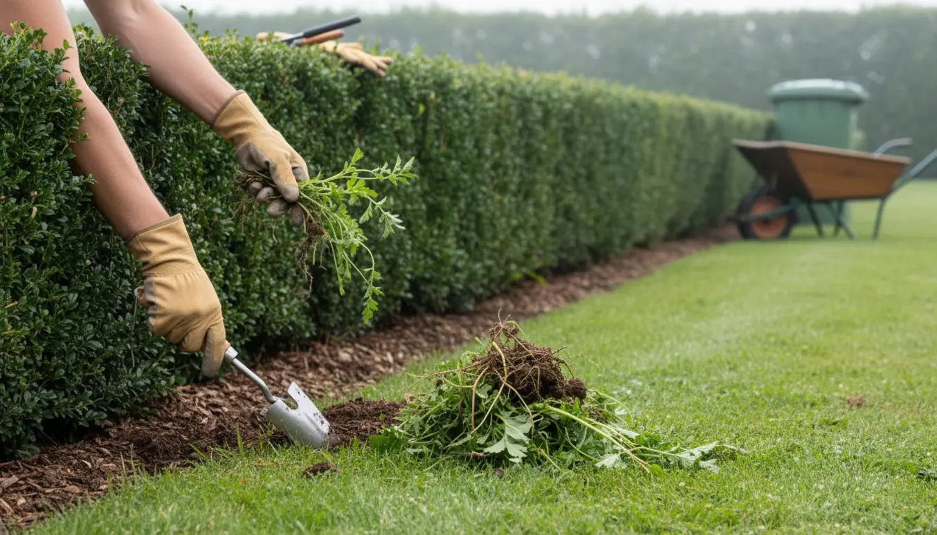 Handsker og haveredskaber fjerner ukrudt ved hækkekanten langs en lang hæk.
