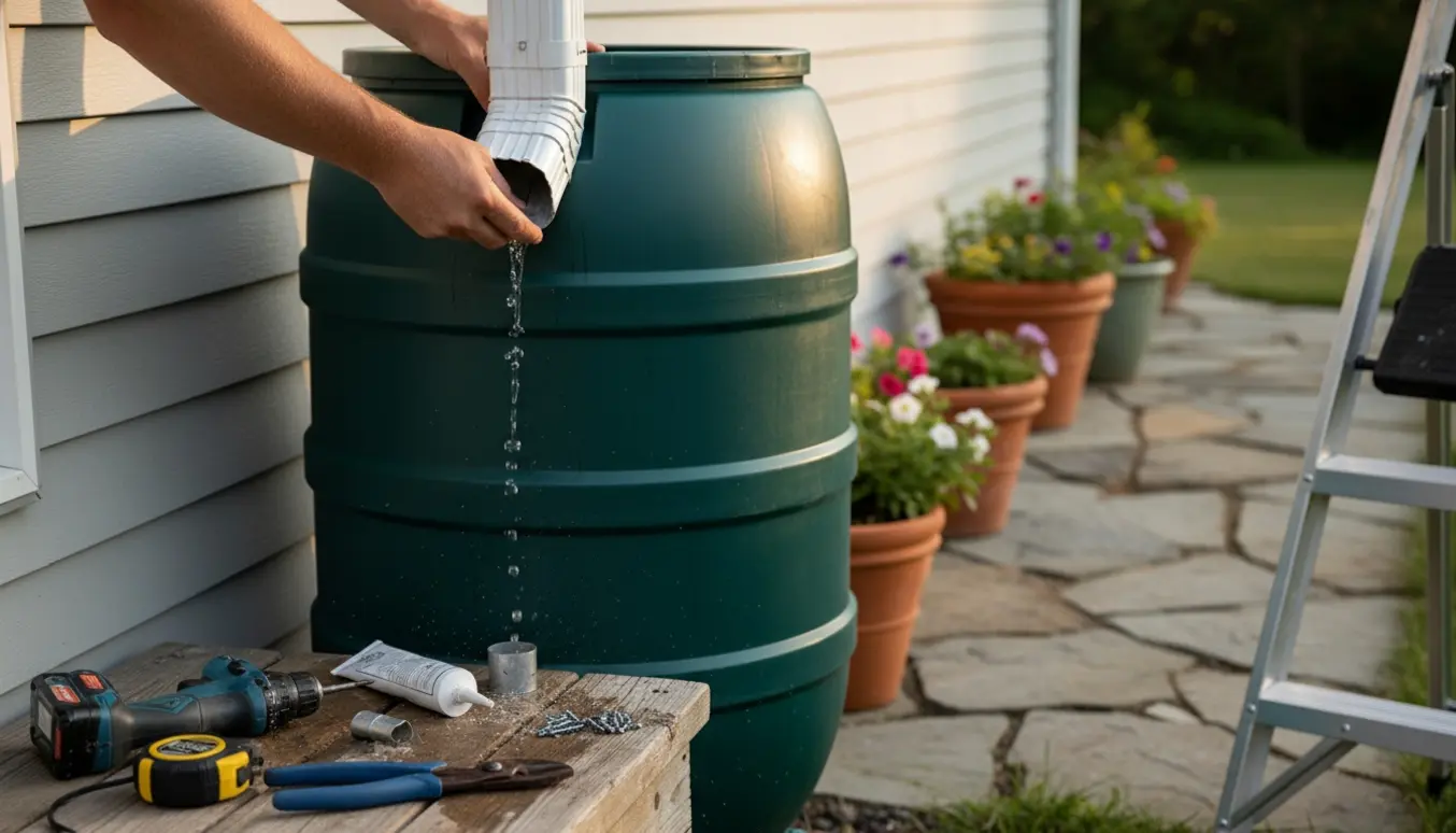 Nærbillede af hænder, der tilslutter et nedløbsrør til en regnvandstønde ved husmuren.