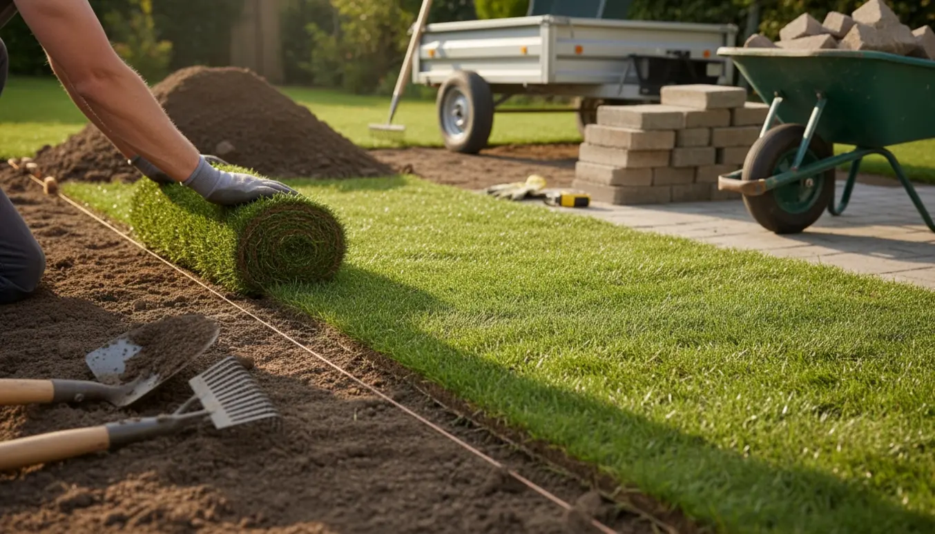 Rullegræs rulles ud på ny jord i en baghave med skovl, trillebør og bunker af fjernede fliser i solskin.