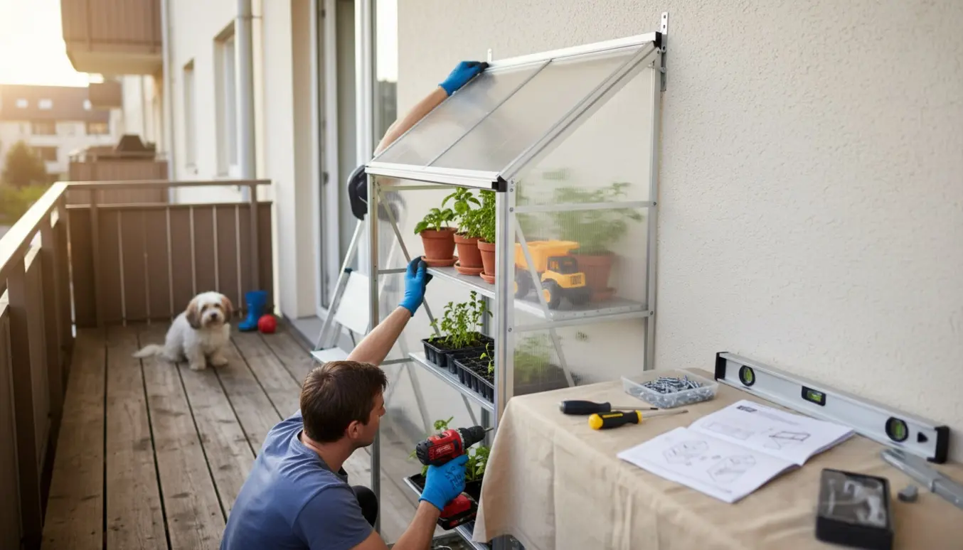 Delvist samlet vægdrivhus på en altan med hænder, værktøj, en lille hund og børnelegetøj i baggrunden.