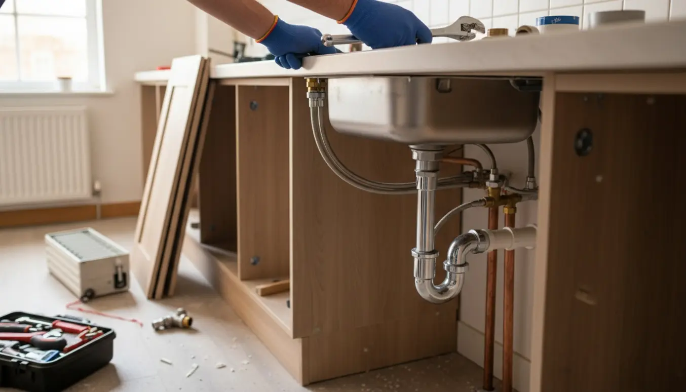 Håndværker forbinder nyt afløbsrør og vandtilslutning under en lille håndvask i et delvist nedtaget køkken.