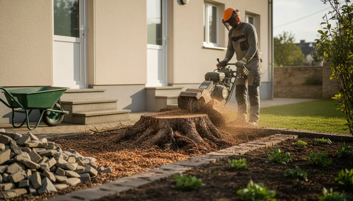 Rodfræser fjerner en træstub ved husets side med sten samlet til siden og lave trin ved havedørene.