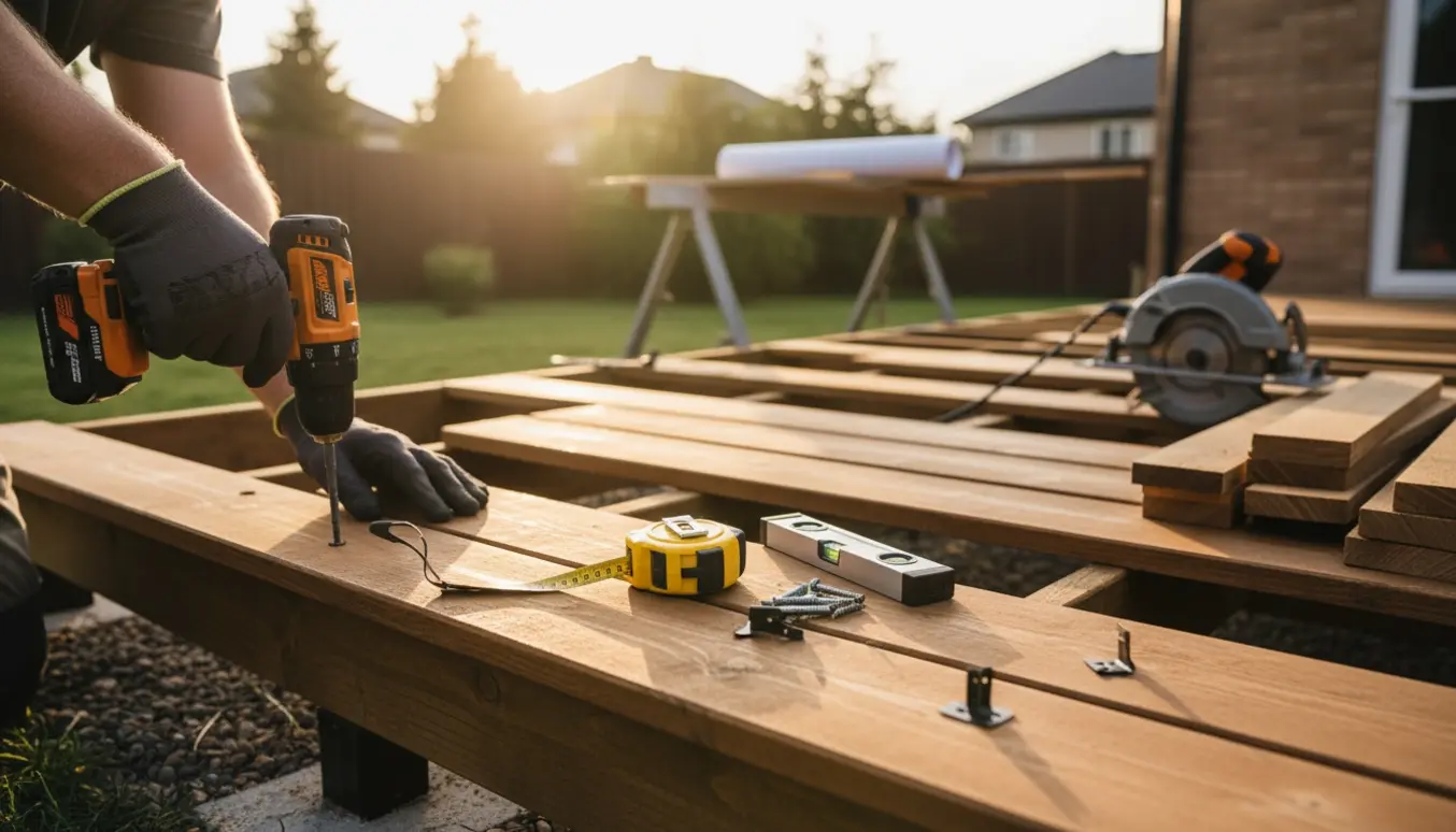 Næsten færdig 45 m² træterrasse i solrig have med trykimprægneret træ, værktøj og håndværkerhænder ved arbejdet.