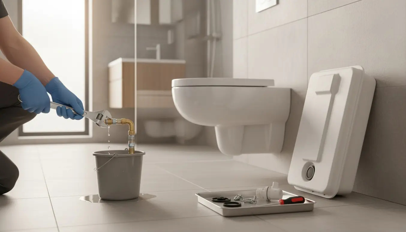 VVS-montør arbejder med at udskifte en væghængt toiletcisterne i et lyst badeværelse.