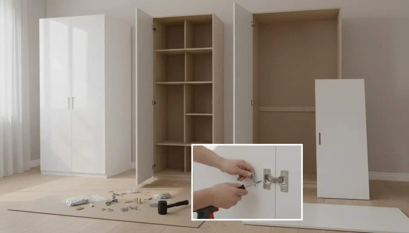 Tre garderobeskabe under samling i et lyst soveværelse med værktøj og hylder synlige.