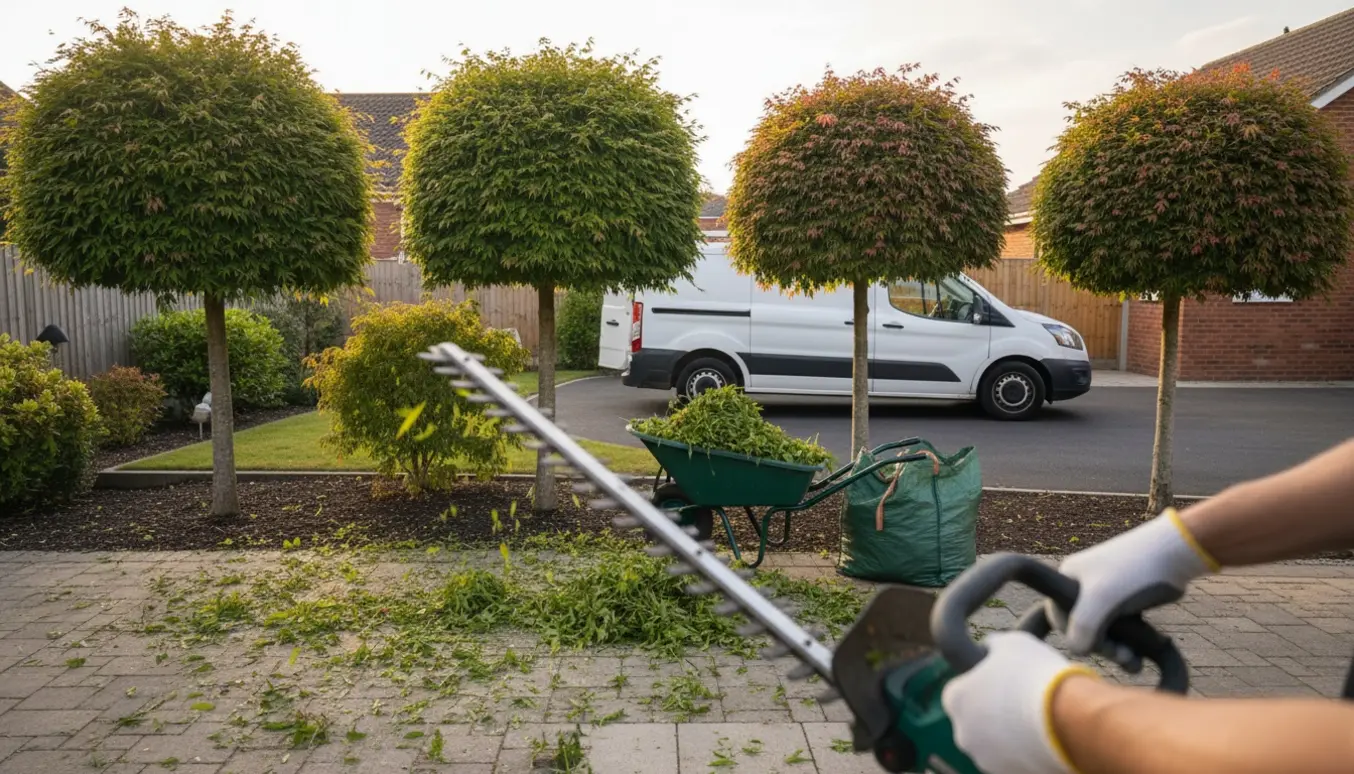 Fire kugleahorn på ca. 3 m bliver beskåret med en elektrisk hækkeklipper, med afklip i en trillebør klar til bortkørsel.
