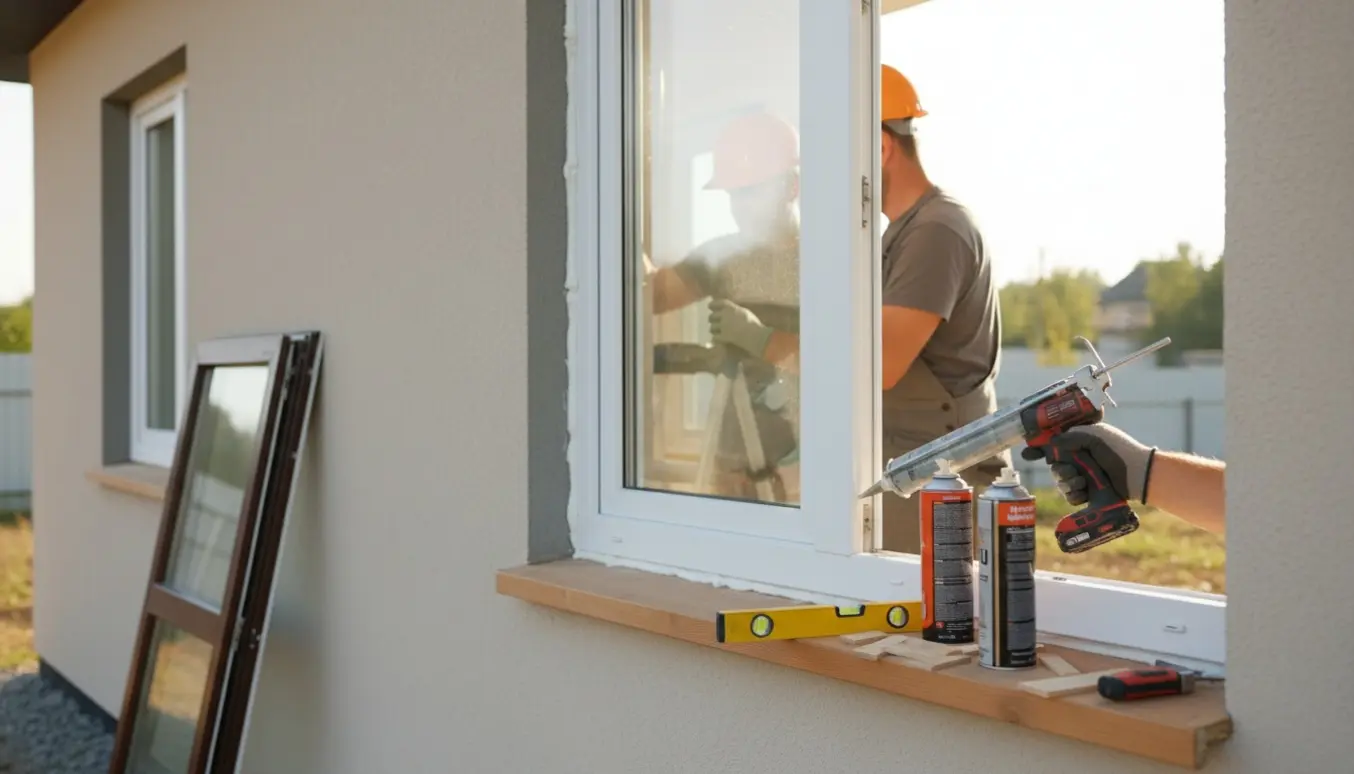 Håndværkere monterer et nyt vindue i et enkelsplans hus, med værktøj og tætning i forgrunden.