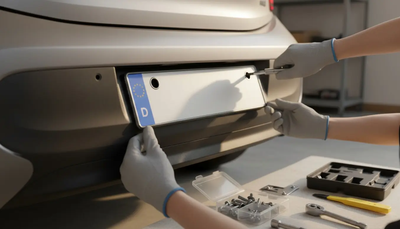 Nærbillede af montering af nummerplade på en Peugeot 208-bagkofanger med værktøj.