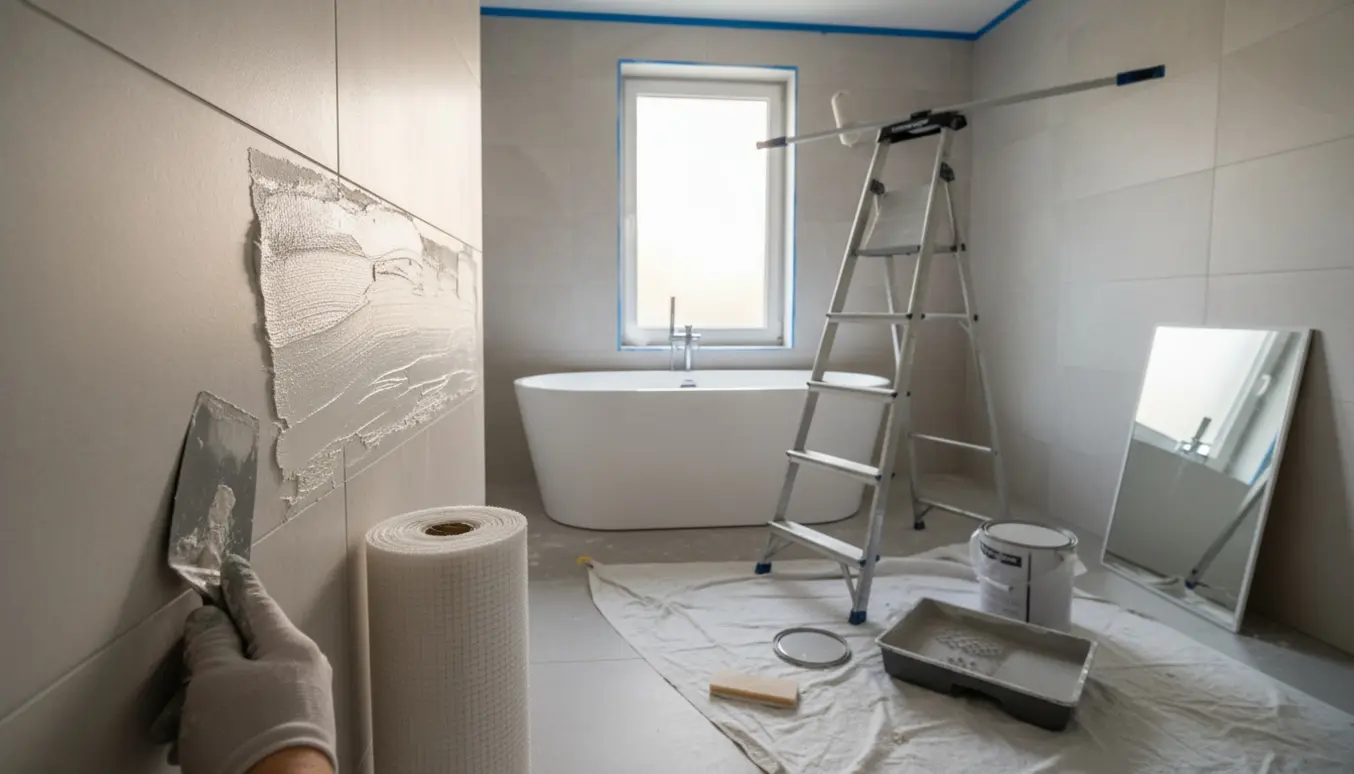 Nærbillede af spartelarbejde, filt og malerudstyr i et forberedt badeværelse.