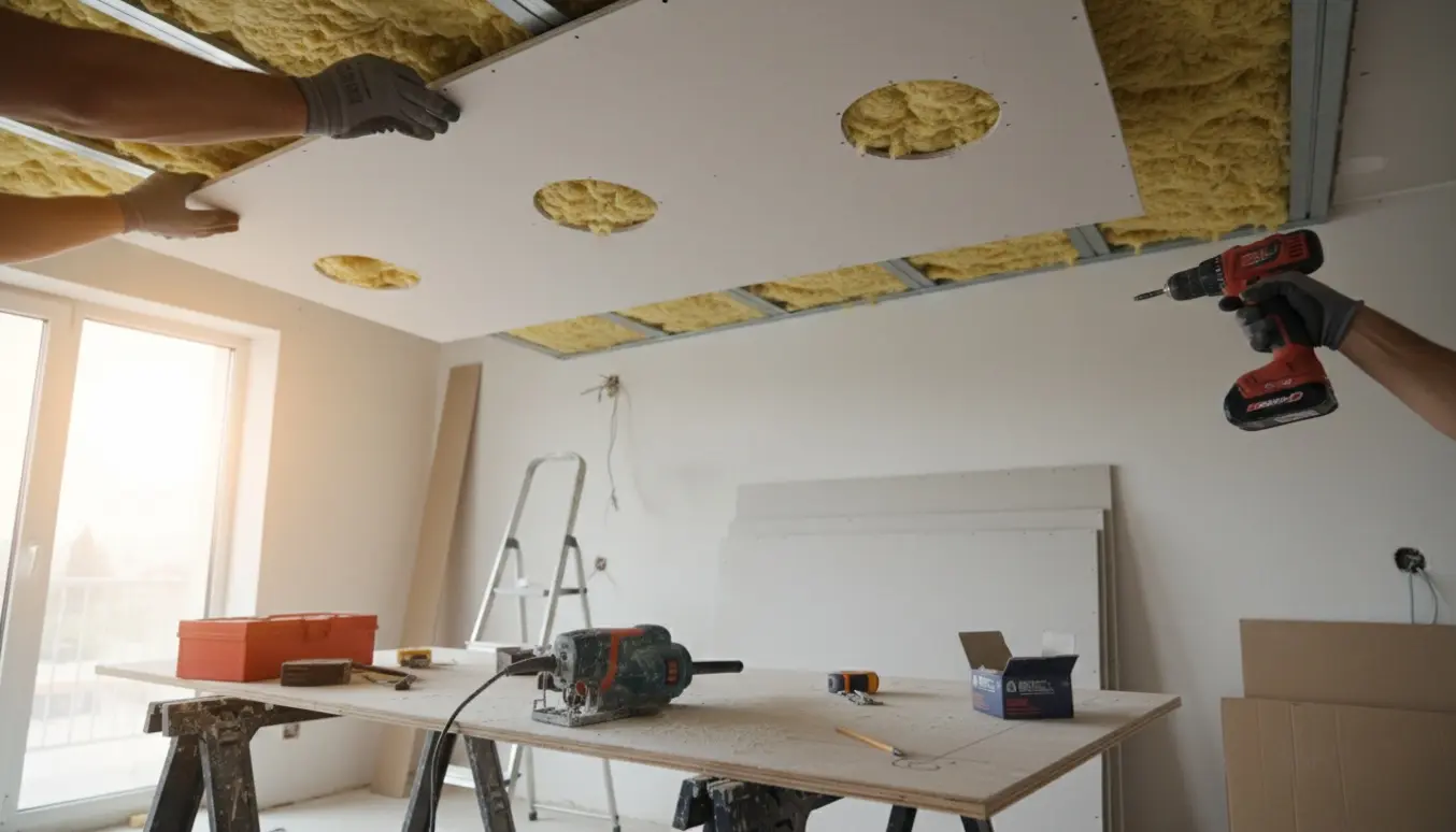 Et rum med delvist monteret gipsloft, 100 mm isolering synlig og cirkulære lampeudtag klar, med værktøj og materialer på plads.