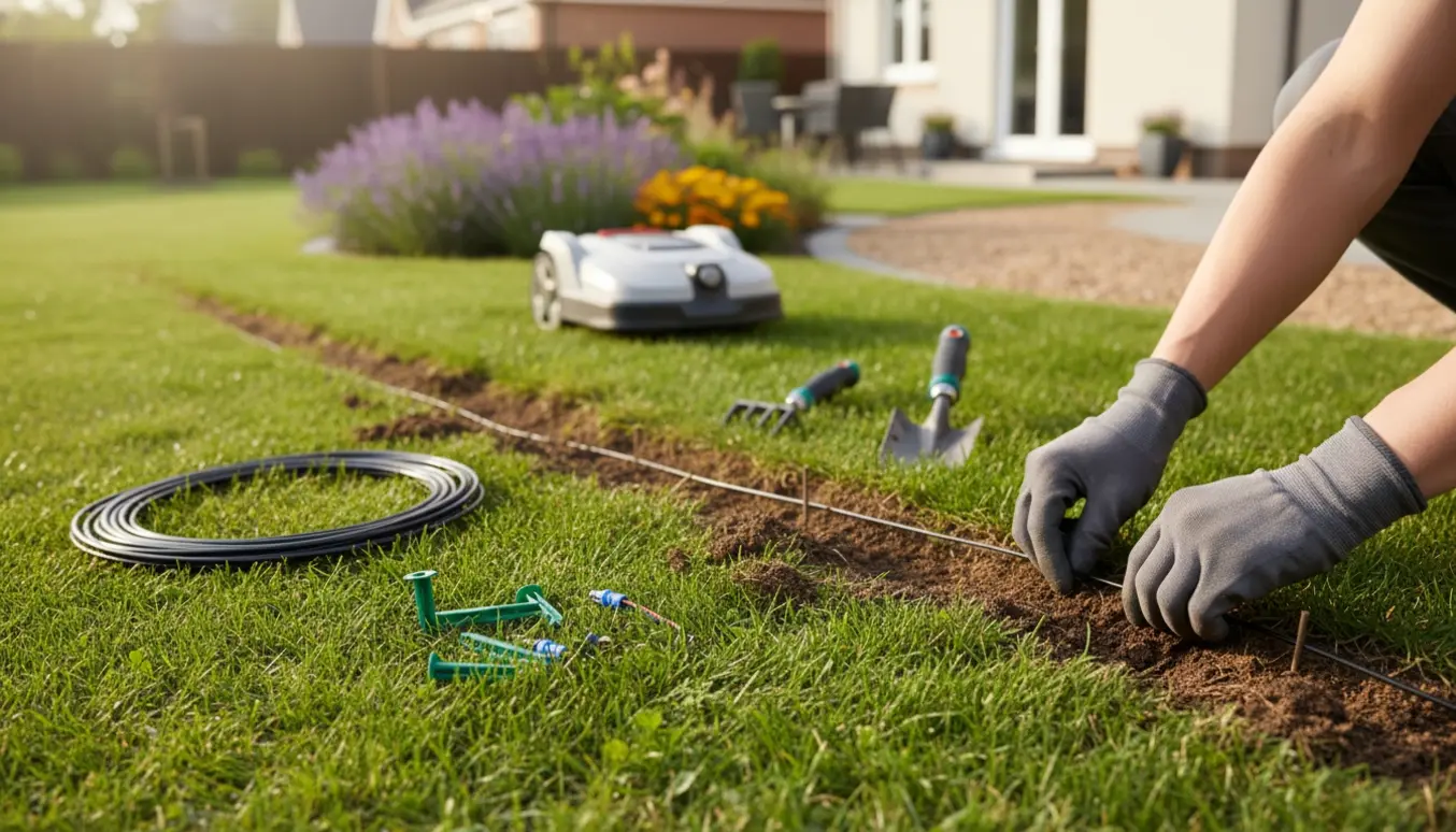Hænder der nedlægger kabel til en robotplæneklipper i en lav rende langs kanten af en lille forhave.