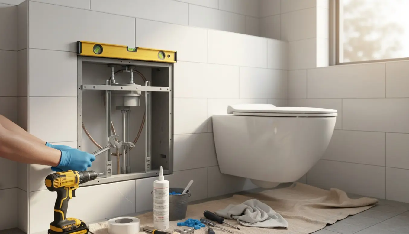 Udskiftning af væghængt toilet med håndværker, værktøj og nyt toiletskål i et lyst badeværelse.