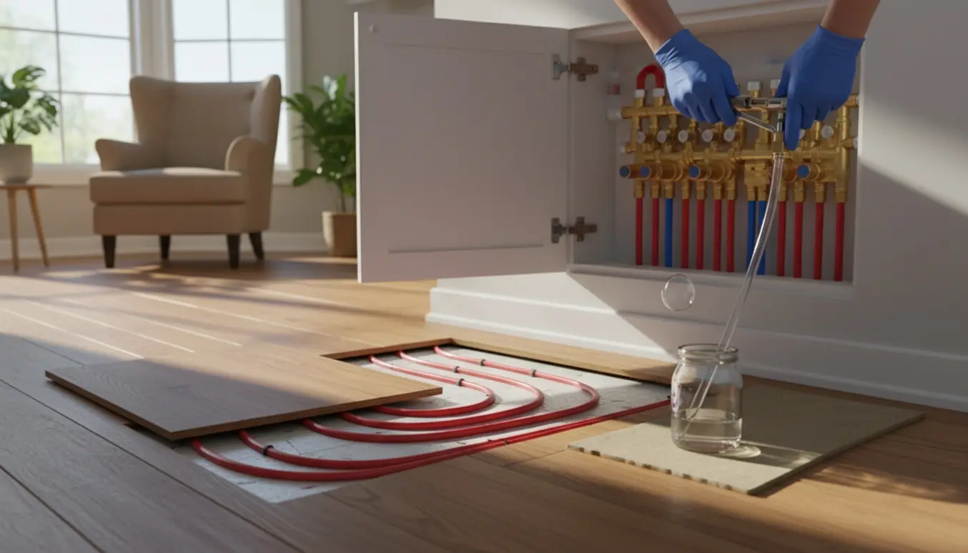 Håndværker bløder gulvvarme ved manifolden med en gennemsigtig slange og synlig luftboble.