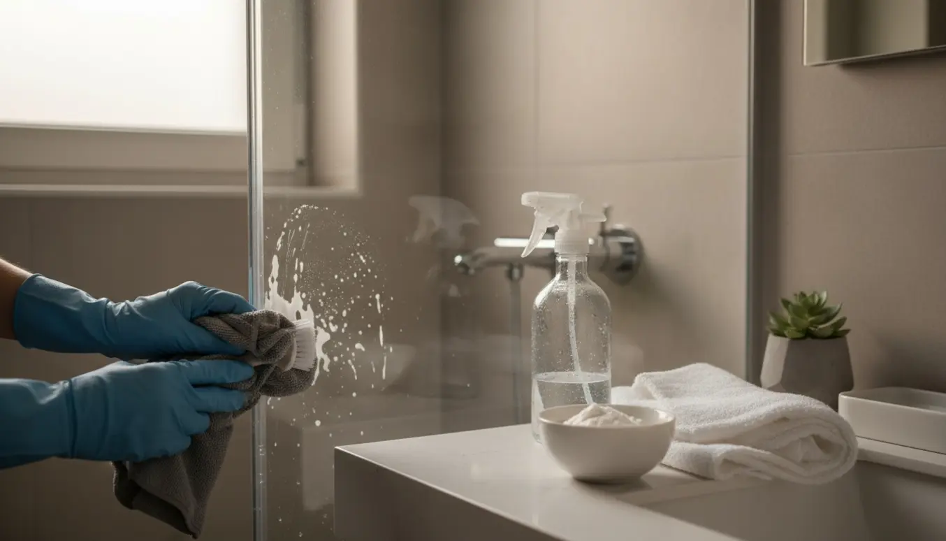 Handskerede hænder fjerner kalk fra en kromhane og glasbrusevæg i et lyst og ryddeligt badeværelse.