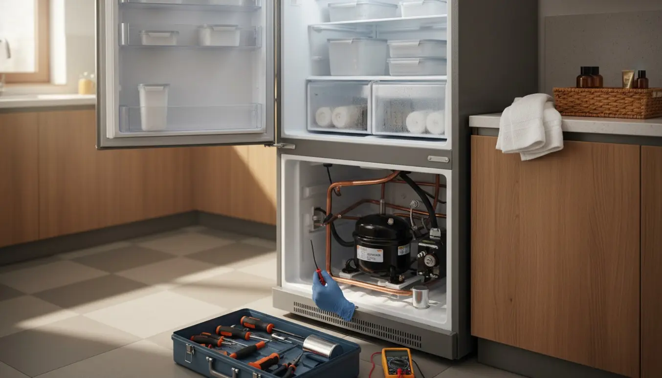 Tekniker undersøger et åbent køleskab i et køkken med værktøj og foldede gæstehåndklæder.
