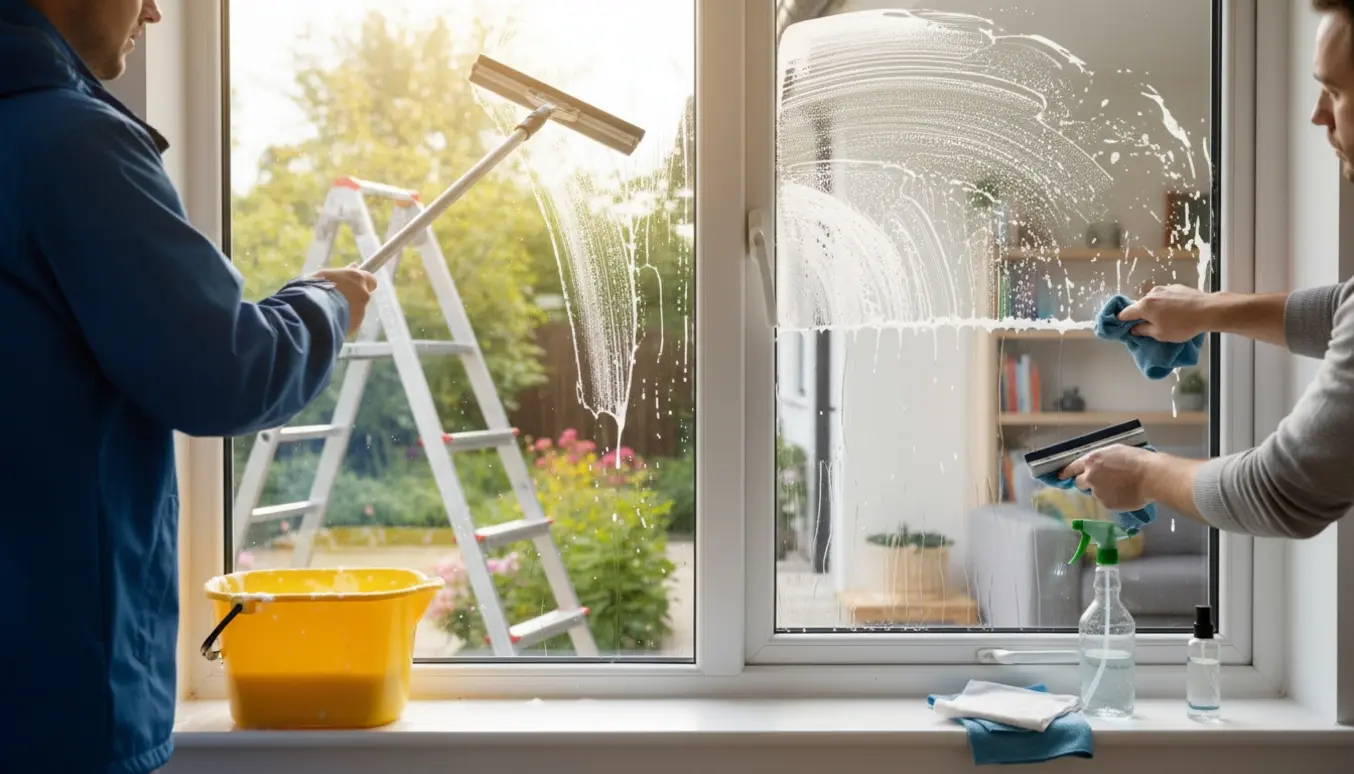 Hænder pudser vinduer både ude og inde med skraber, klud og spand i blødt dagslys.