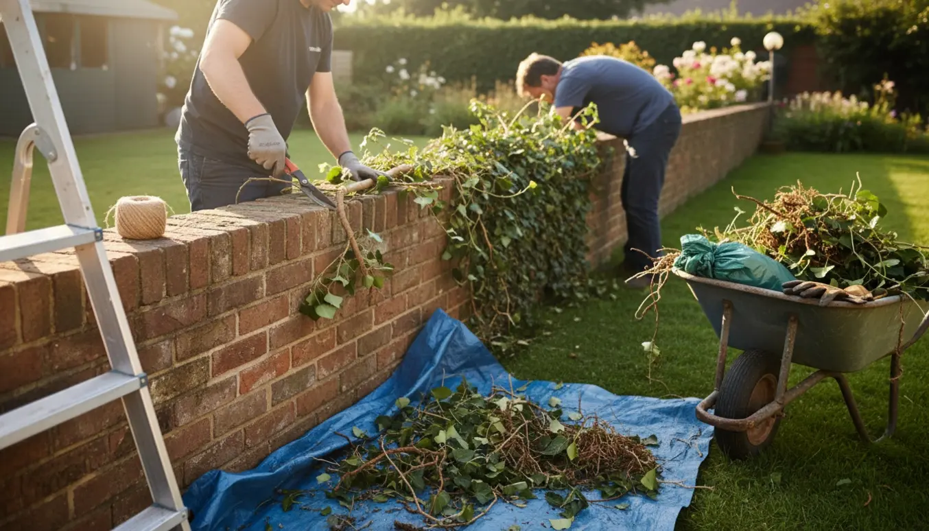Hænder fjerner efeu fra en halv mur med beskæresaks og læsser det i en trillebør.
