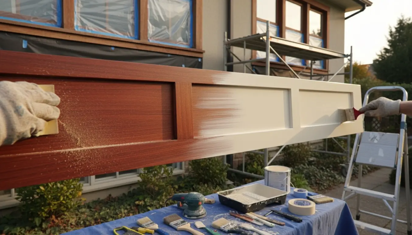Nærbillede af mahognivindue under slibning og maling med værktøj og stige i blødt dagslys.