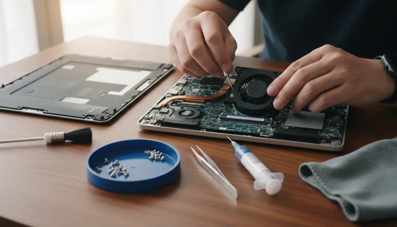 Nærbillede af hænder, der udskifter ventilatoren i en åben bærbar computer på et ryddeligt arbejdsbord.