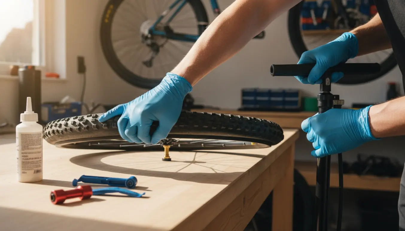 Nærbillede af hænder, der monterer et tubeless-cykeldæk på en fæl med sealant og pumpe.