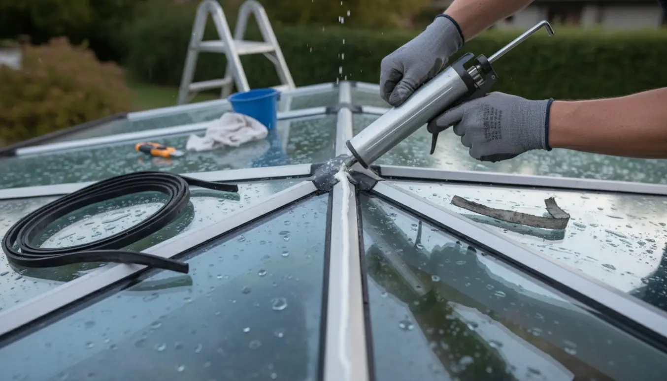 Hænder tætner midterryggen på en udestue med ny gummiliste og frisk fuge.