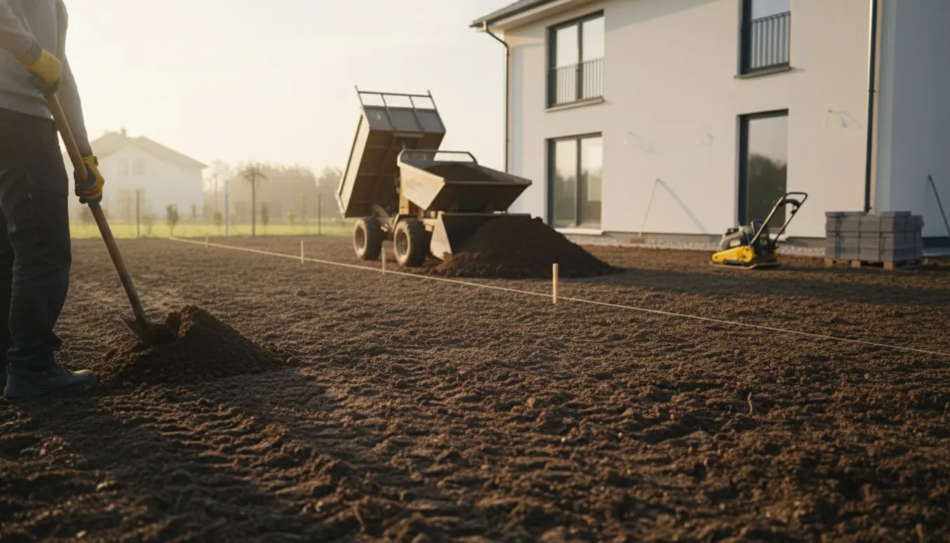 Stor bunke muldjord og maskiner i en nyanlagt baghave klar til udjævning efter nybyggeri.