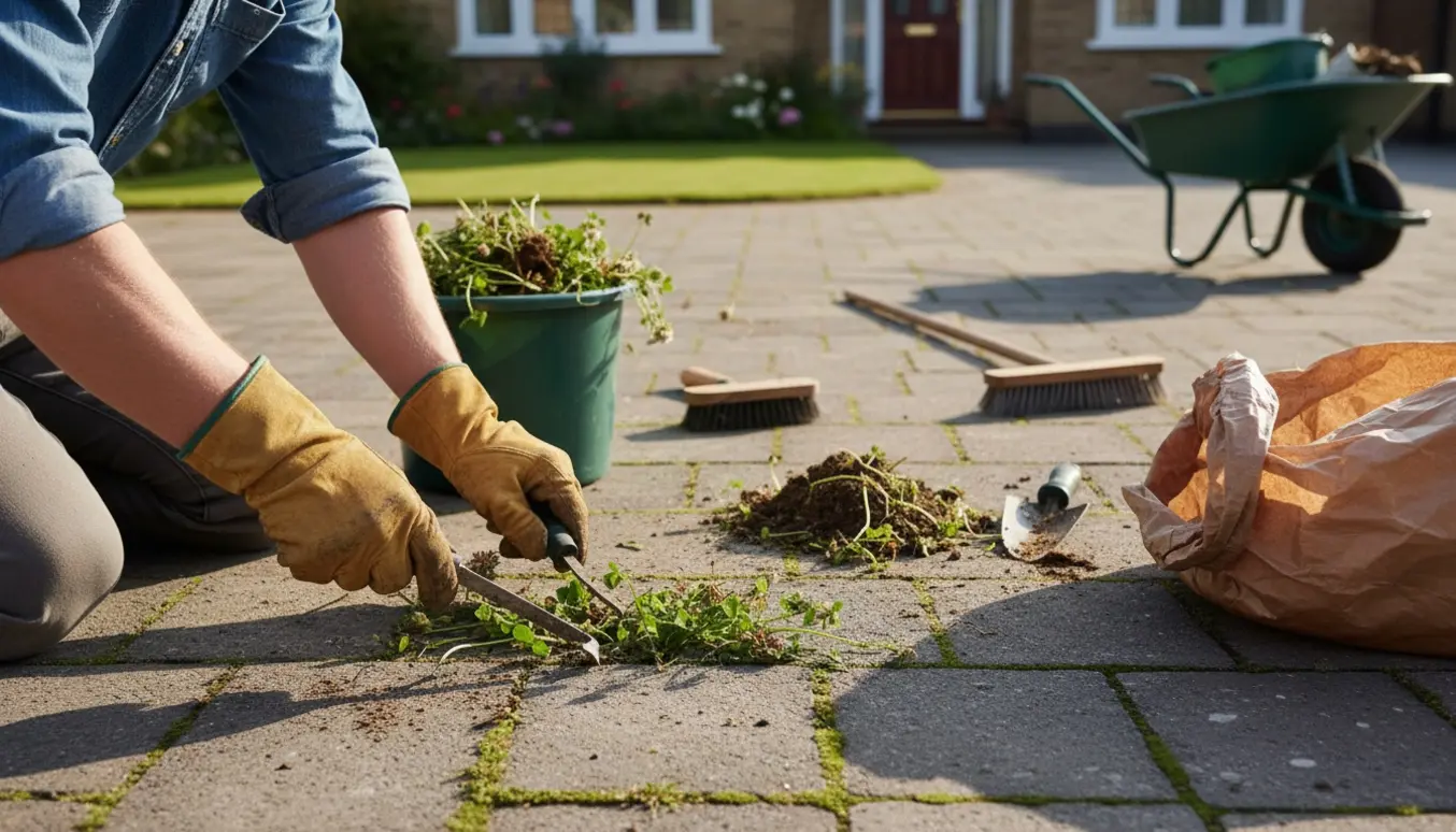 Hænder i handsker fjerner genstridigt ukrudt mellem fliser i en indkørsel med skæreredskaber og en spand til ukrudt.