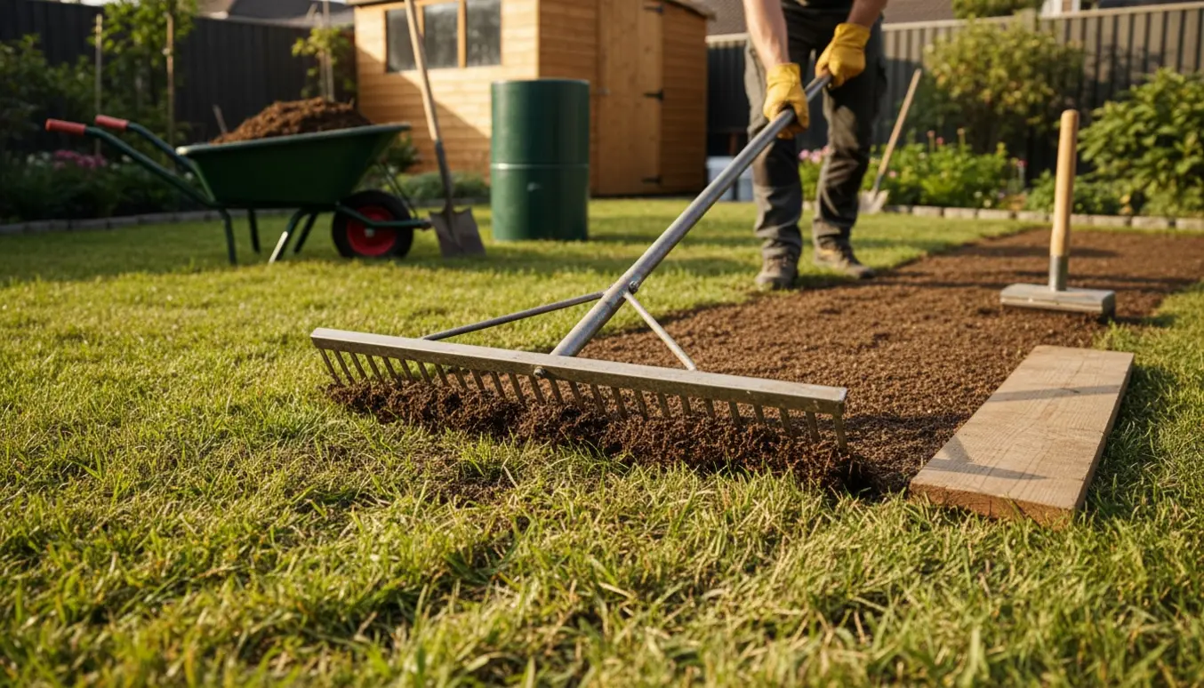 En person jævner en ujævn baghavegræsplæne med topjord, rive og planke.