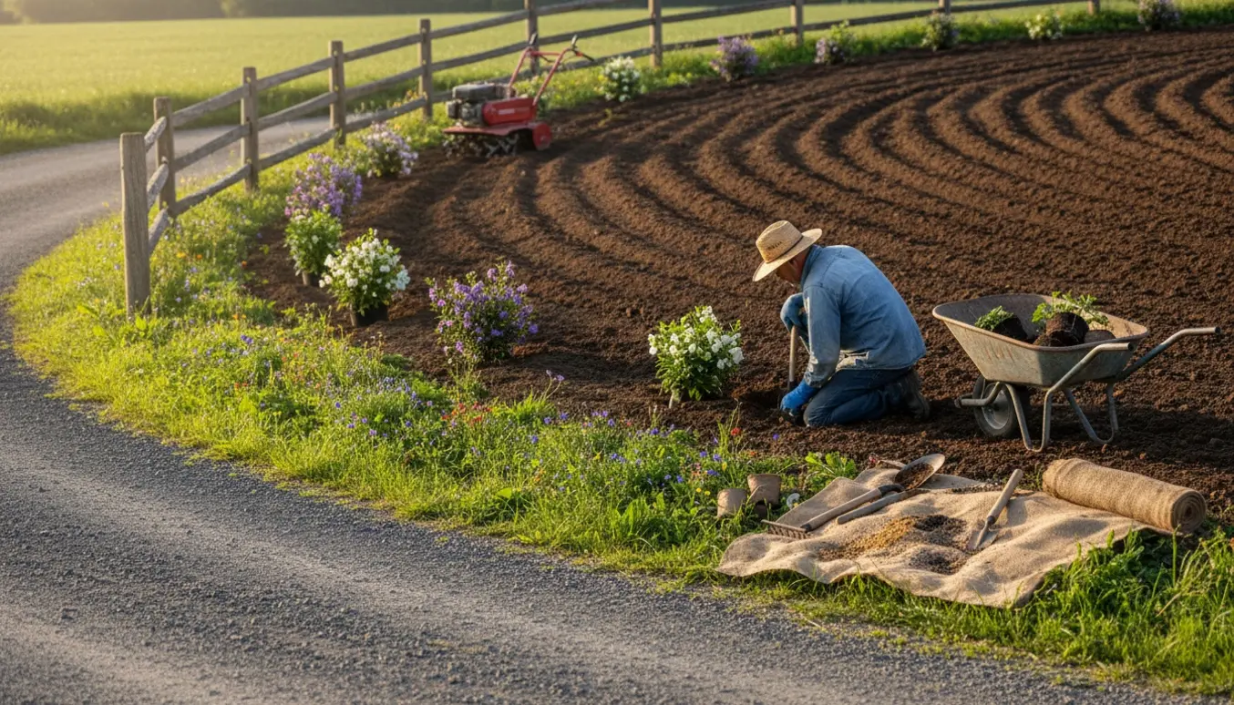 Lang skrænt ved et hegn, hvor unge klokkebuske plantes ned mod en grusvej med fræset jord og vildeng i etablering.
