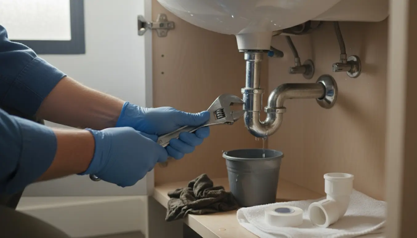 Hænder i handsker udskifter en utæt vandlås under et badeværelsesskab.