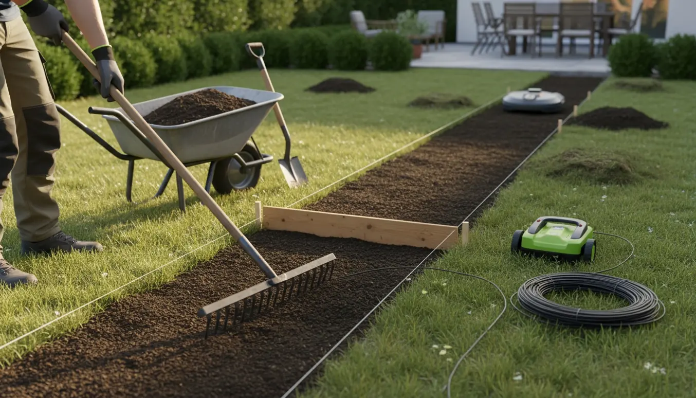 Nærbillede af en græsplæne, hvor topjord, rive og snore bruges til at udjævne plænen før robotplæneklipper.