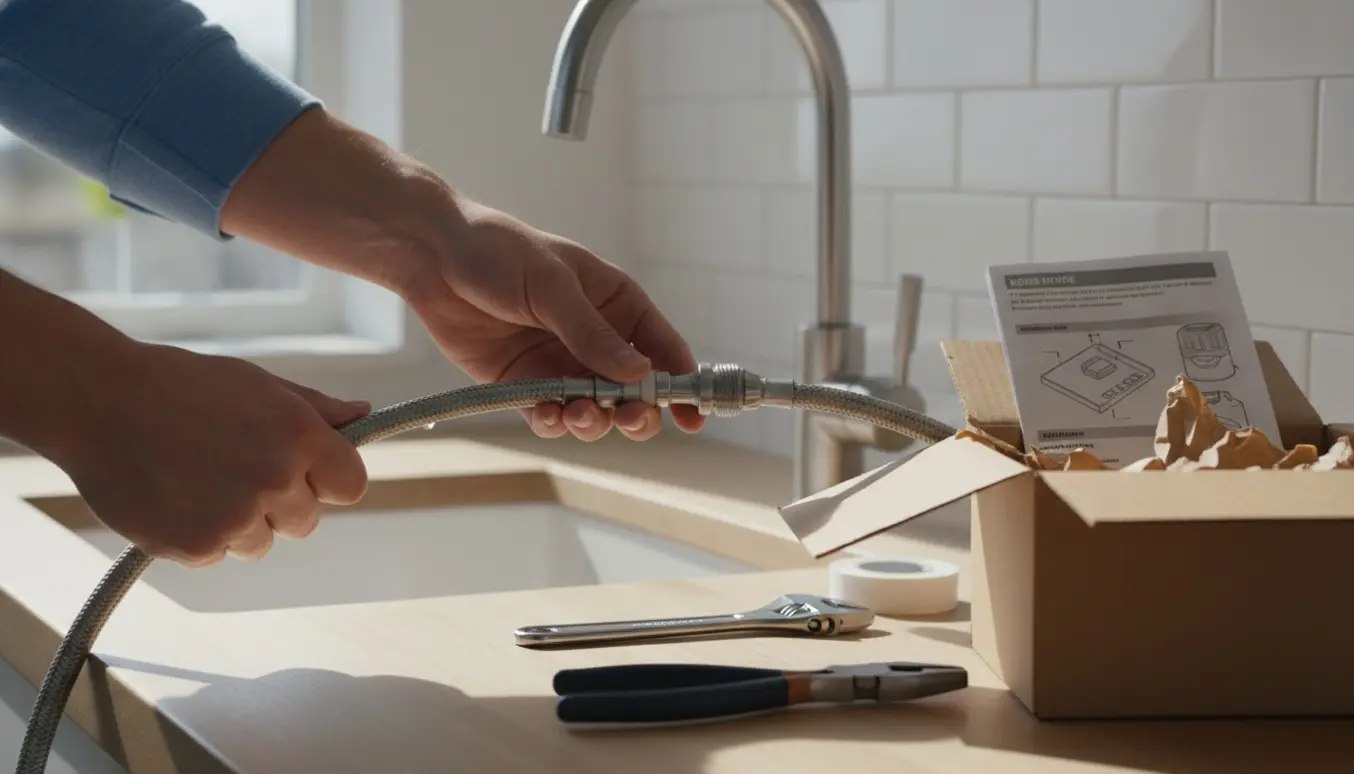 Hænder tilslutter en kompakt vaskemaskines vandslange til en vandhane ved siden af en åben papkasse.