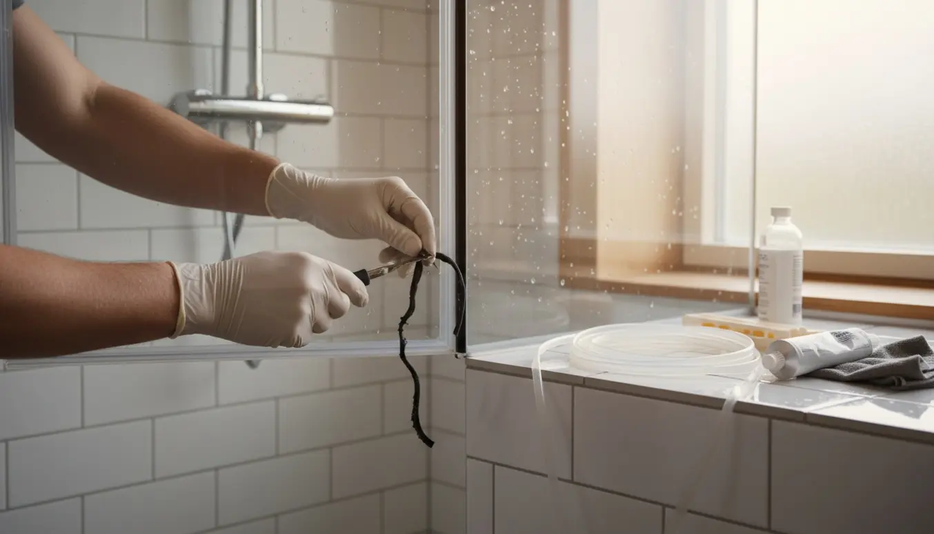 Nærbillede af hænder, der fjerner gammel gummifuge fra en åben glasbrusekabine med værktøj og ny pakning klar.